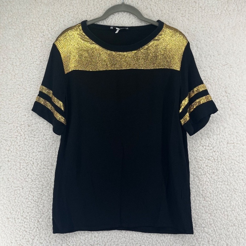 Sandro Paris Black Gold Metallic Silk Blend Varsity Stripe Top Women's Size 2